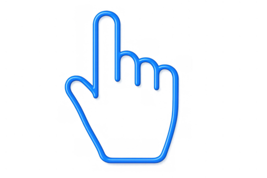 Blue neon 3d hand cursor icon selecting object or pressing button, digital technology interaction