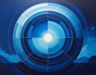 Circular abstract art featuring concentric gradients of blue emanating from a white center