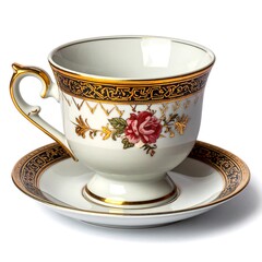 A close-up of a porcelain teacup with matching saucer. The cup features intricate gold detailing and a floral motif