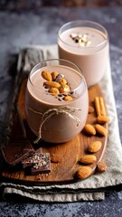 Chocolate puddings in glasses with almonds, served on a wooden board and linen cloth