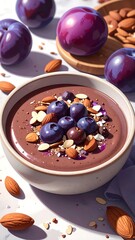 Chocolate pudding is topped with blueberries, almonds, and purple plums on a tabletop
