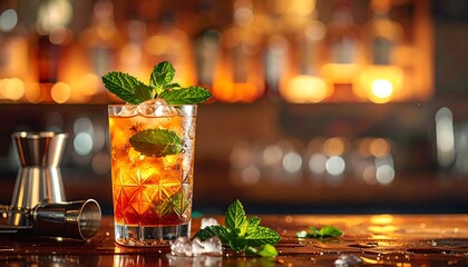 A close-up of a refreshing cocktail in a patterned glass, garnished with fresh mint and ice, with bar equipment nearby