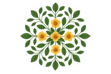 Symmetrical floral mandala arrangement with yellow flowers and green leaves. Botanical decoration on transparent background
