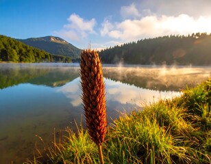 A close-up of a seed head in front of a lake mirroring a mountainous landscape, light illuminating scene