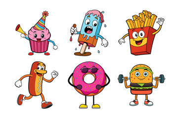 Funny Cartoon Food Characters Set for Kids Illustration