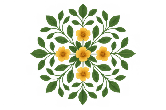 Symmetrical floral mandala arrangement with yellow flowers and green leaves. Botanical decoration on transparent background
