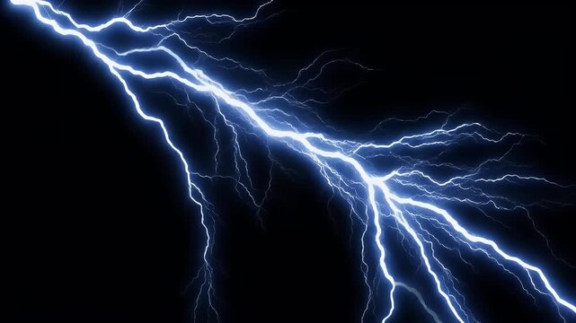 A powerful blue-white lightning bolt forks across a dark night sky.