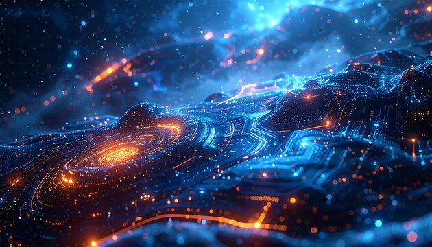 Futuristic digital landscape with glowing circuits and cosmic nebula