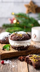 Chocolate sandwich cookie on wooden board, dusted in white, green sprig garnish