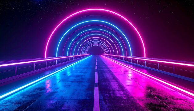 Futuristic tunnel lit with neon tubes and a starry backdrop