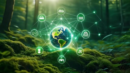 A glowing Earth suspended in a lush forest, interconnected by a network of green technology icons representing global sustainability and environmental data. - Powered by Adobe