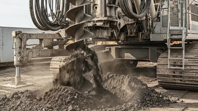 Slow motion of a large auger drill bit rotating and pulling soil from a hole. Heavy equipment at a construction site for foundation piling.