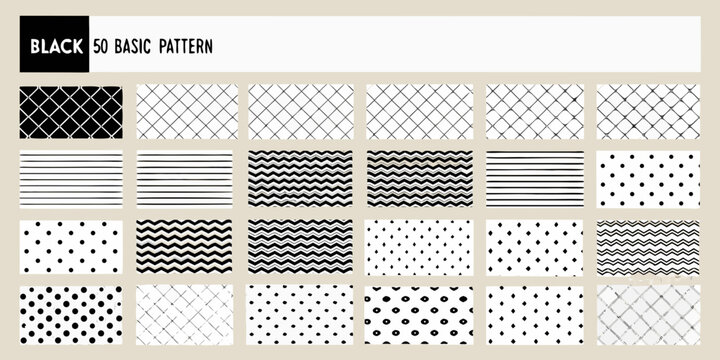 Collection of fifty basic black and white hand drawn patterns and textures