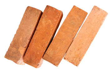 Side view of four cracked old red or orange bricks in stack isolated with clipping path in png file format