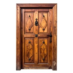 A close-up of a weathered, wooden door with diamond carvings, ornate metal accents, and a dark metal handle