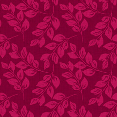 Seamless monochrome botanical pattern. Raspberry leaves on a burgundy background.