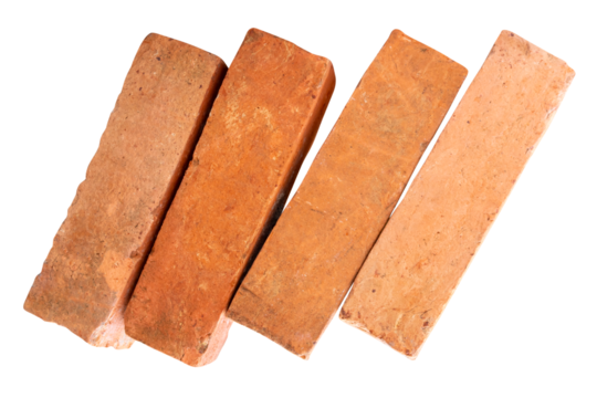 Side view of four cracked old red or orange bricks in stack isolated with clipping path in png file format