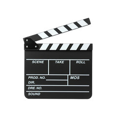 Black Film Clapperboard with White Stripes for Scene Take and Roll Information Isolated on Transparent Background with Studio Lighting