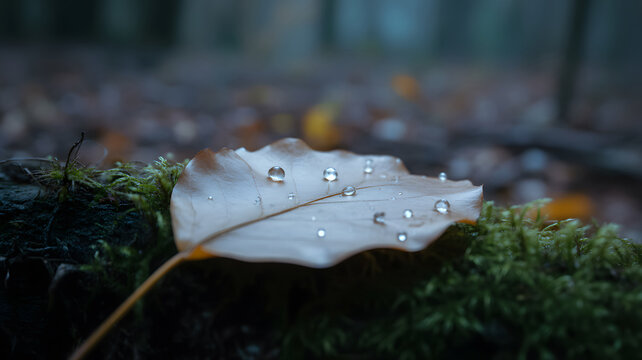 Dewdrops on a fallen autumn leaf in a forest