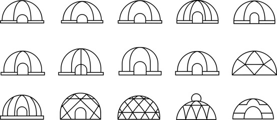 Geodesic dome architecture variations, igloo structure designs, architectural dome concept sketches, modern construction geometry, CAD drawing flat vector illustration © Nur Creations