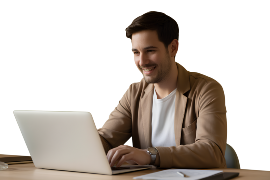 Young Professional Smiling While Working on Laptop