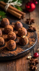 Chocolate truffles sit on a dark plate, cinnamon, star anise on wood background