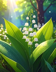 A close-up of delicate white bell-shaped flowers on a stem surrounded by large green leaves, kissed by sunlight. Small details of water drops