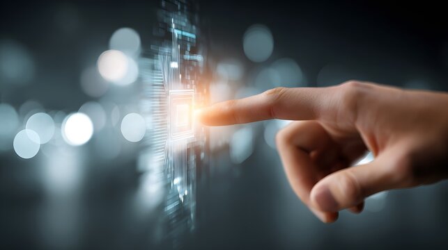 Human finger touching a glowing digital interface, representing futuristic technology and interconnected systems with abstract, bokeh-filled background, conveying concept of innovation and digital...
