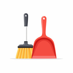 Cartoon Illustration of Broom and Red Dustpan.