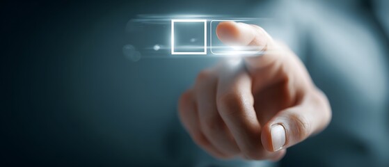 shot features a human finger pointing toward a glowing, illuminated square and outline of a box element with a dark, blurred background, suggesting choice, decision-making, and digital interaction.
