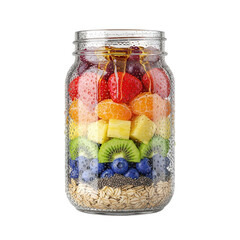 Glass Jar Filled With Rainbow Fruits and Oatmeal For Healthy Breakfast