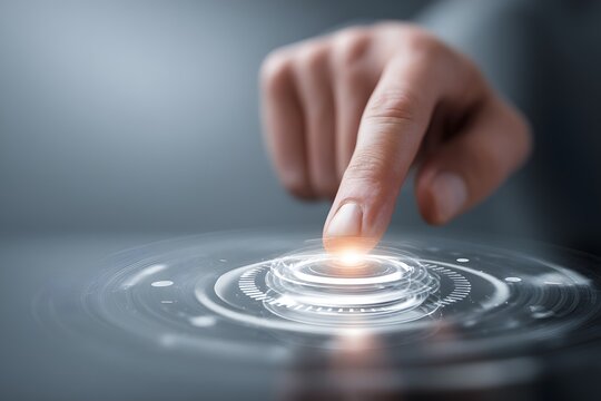 Hand finger presses a glowing button on a futuristic, digital interface, showcasing concept of modern technology with a shallow depth of field, focusing on the fingertip and the illuminated center,...
