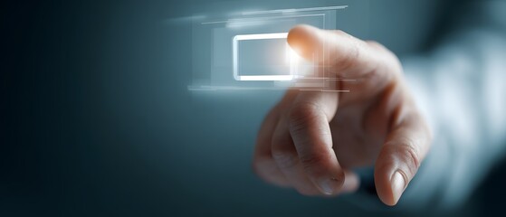 Human finger interacting with an illuminated touchscreen interface, depicting a digital button or selection, presented against a blurred backdrop of cool-toned lighting, emphasizing technology and...