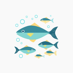 Cartoon Illustration of Swimming Fish with Bubbles.