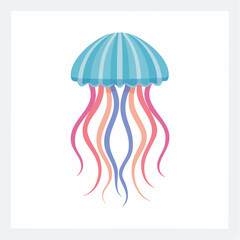 Cartoon Jellyfish with Blue Bell and Colorful Tentacles.