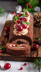 Chocolate yule log cake topped with cherries, cream, and mint on rustic wooden board