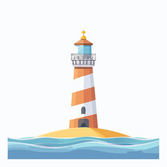 Cartoon Lighthouse on Island with Orange and White Stripes.
