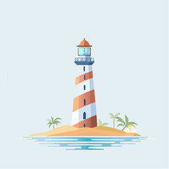 Cartoon Lighthouse on Island with Palm Trees Red and White Stripes.