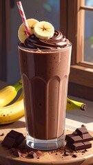 Chocolate-banana smoothie in glass with garnish, served on wood. Window light