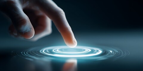 Human finger making contact with glowing, concentric circles, creating digital ripple effect within an overall dark environment, and representing technology, connection, and innovation in a visual...