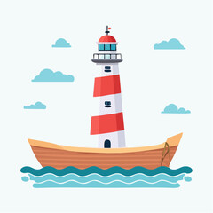 Cartoon Lighthouse with Red and White Stripes Boat.