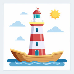 Cartoon Lighthouse with Red and White Stripes on Boat.
