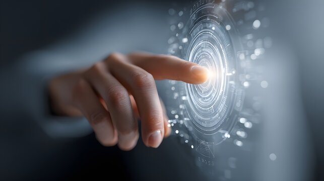 Close up shot of a human finger touching a circular digital interface, illuminating with a bright light, showcasing a concept of technology and interaction in a futuristic and abstract composition.