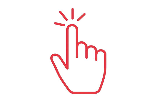 Red hand cursor icon clicking, pointing index finger, online interaction, interface, web, app element, transparent background