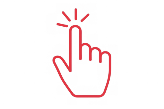 Red hand cursor icon clicking, pointing index finger, online interaction, interface, web, app element, transparent background