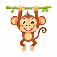 Cartoon Monkey Hanging from Green Branch with Leaves.