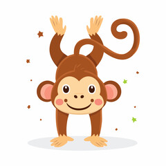 Cartoon Monkey Upside Down with Curly Tail and Smiling Face.