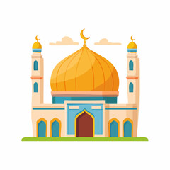 Cartoon Mosque Illustration with Golden Dome and Crescent Moon.