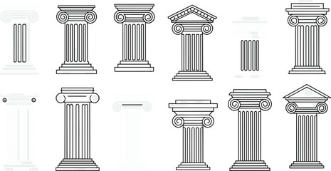 Fototapeta premium Ancient Greek Roman column architecture set, classical pillar design collection, historical building structure element, cad drawing flat vector illustration