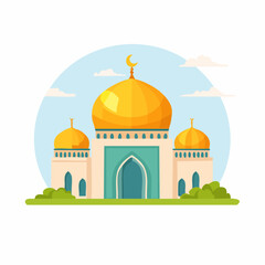 Cartoon Mosque with Golden Domes and Crescent Moon Toppers.